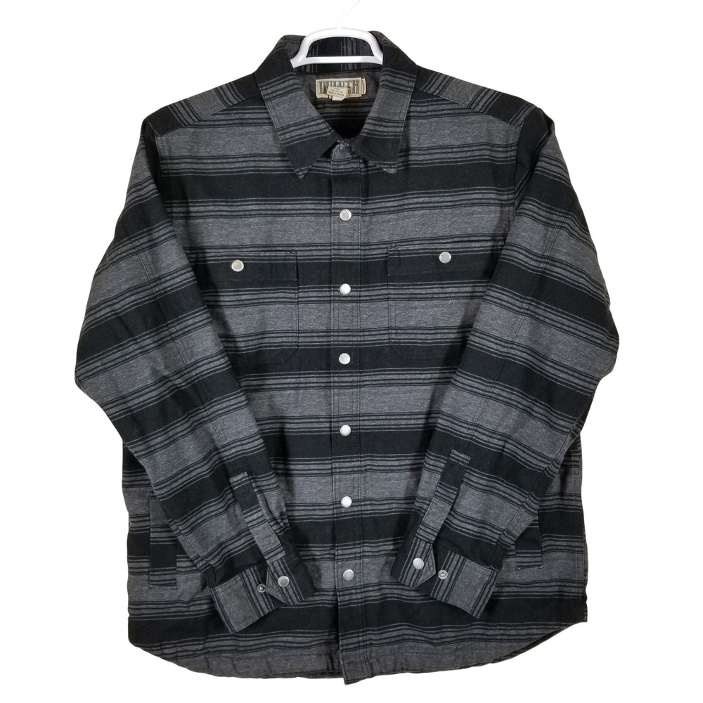 Duluth Trading  Mens Snap Striped Flannel Lined Shirt Jacket Black Grey Sz L
